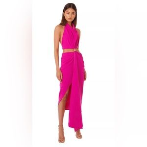 Aphrodite Dress in vibrant fuchsia crepe features a softly draped cowl neckline